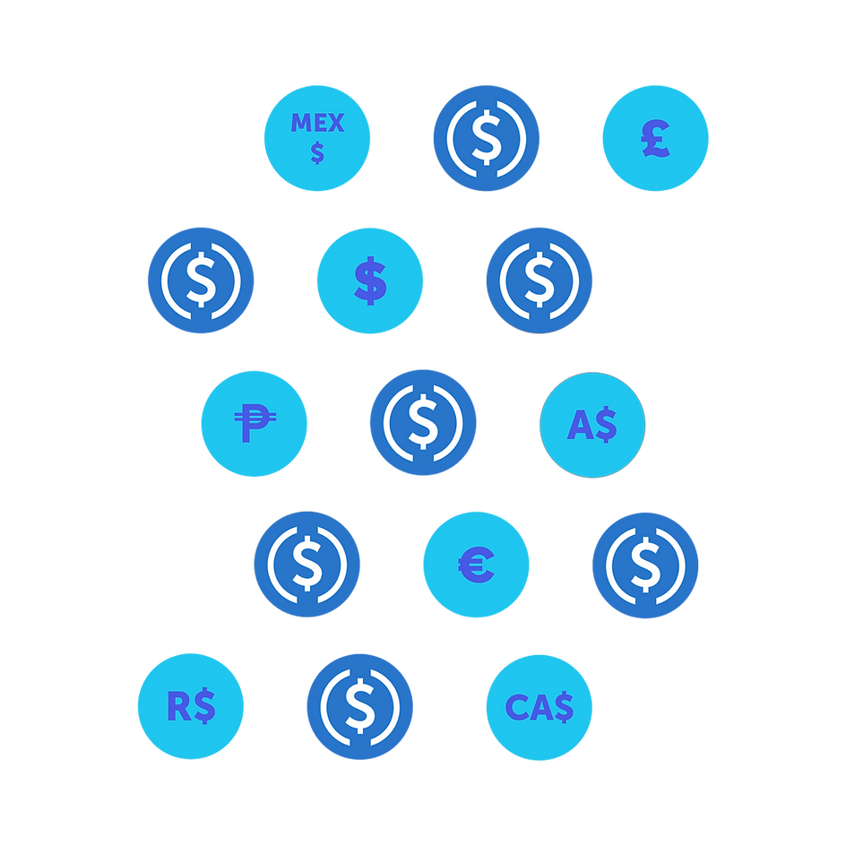 Grid of currency symbols and offramp illustrations