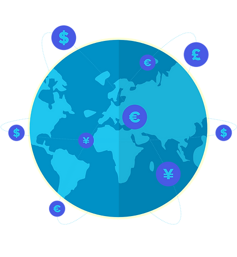 Grid of remittance and currency icons with people illustrations