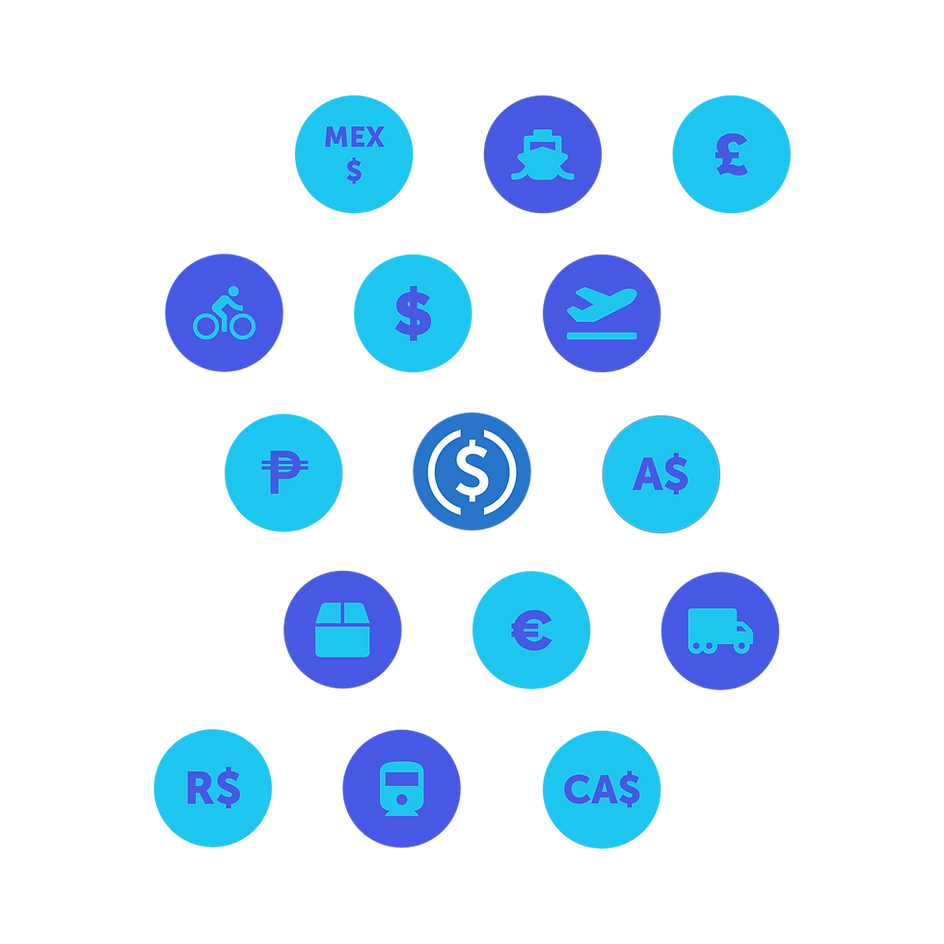 Grid of supply chain and currency icons