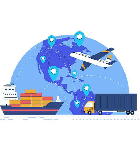 Global supply chain logistics illustration with world map and transportation modes