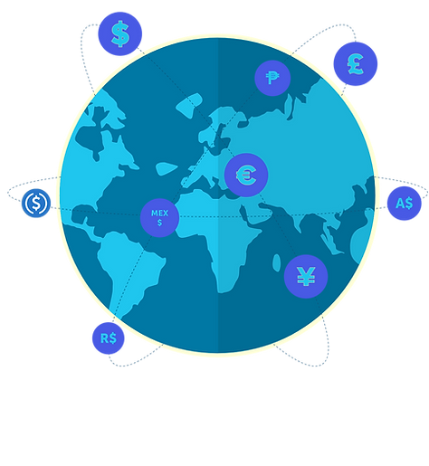 Global currency map showing various currency symbols