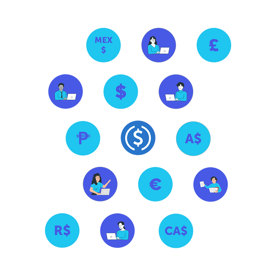 Grid of currency symbols and payroll management icons